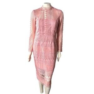 Bardot Mariana Lace Midi‎ Dress NWT 10-L Pink Long Sleeve High Neck Garden Party